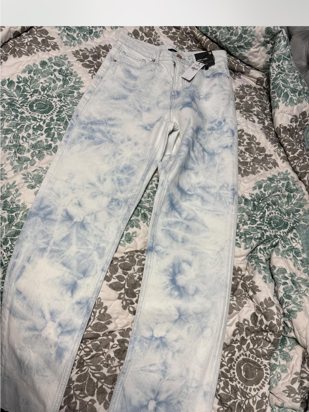 Express Women's Light Blue Tie-Dye Straight Leg Jeans